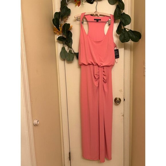 Womens Pink Sleeveless Maxi Dress With Ruched Waist And Side Slit - Size M - Picture 1 of 12